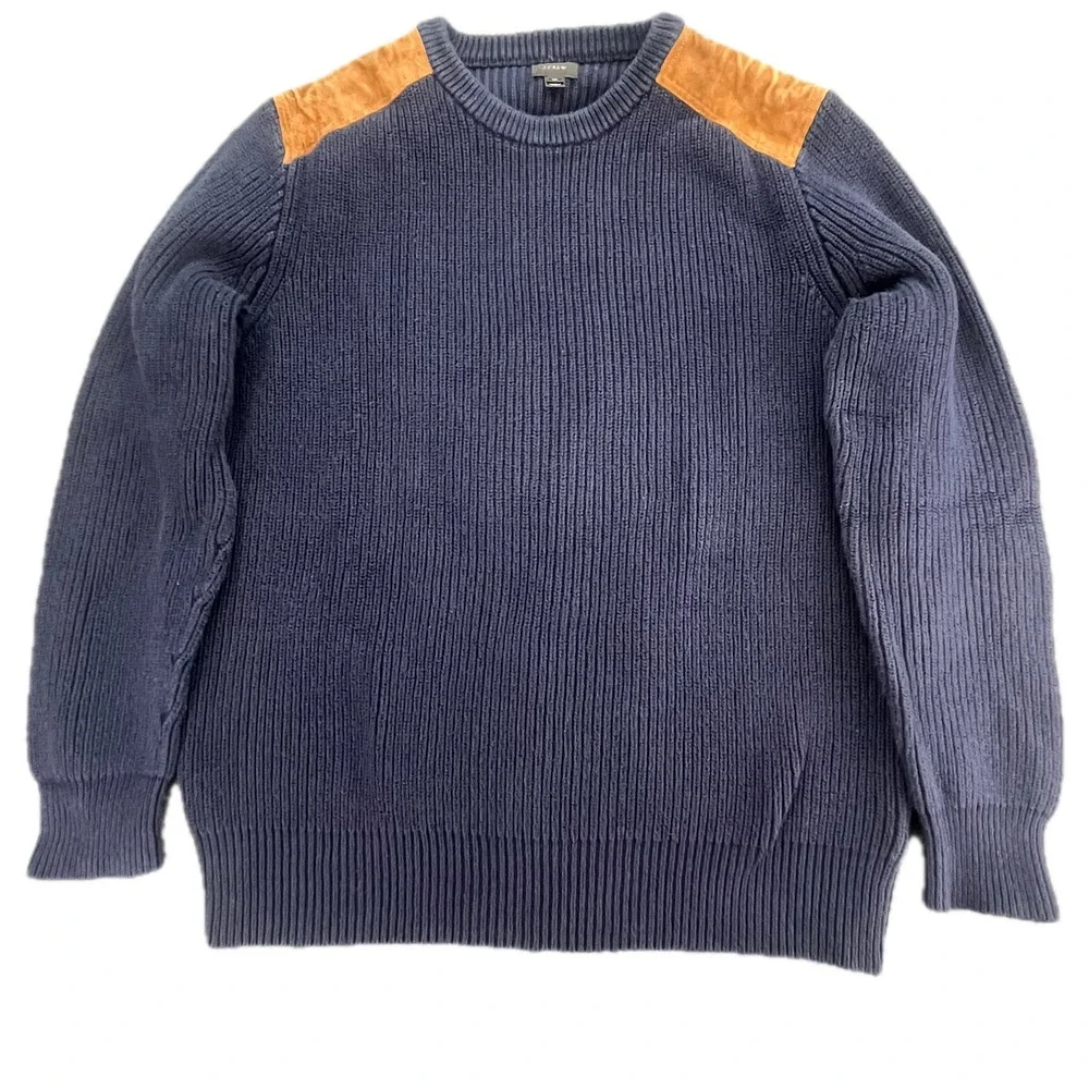 J Crew Mens Navy Blue Military Sweater‎ Suede Shoulder Patches Knit XL